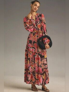 NWT Farm Rio Long-Sleeve Floral Tiered Maxi Dress XXS